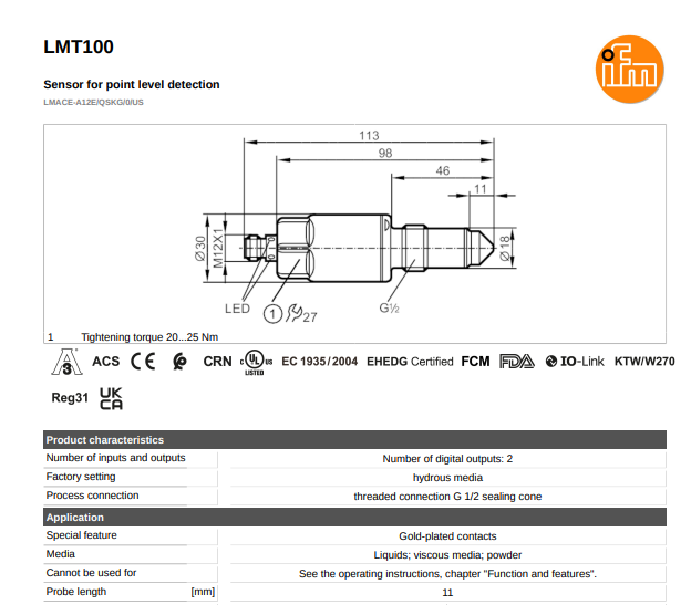Cảm biến mức IFM LMT100